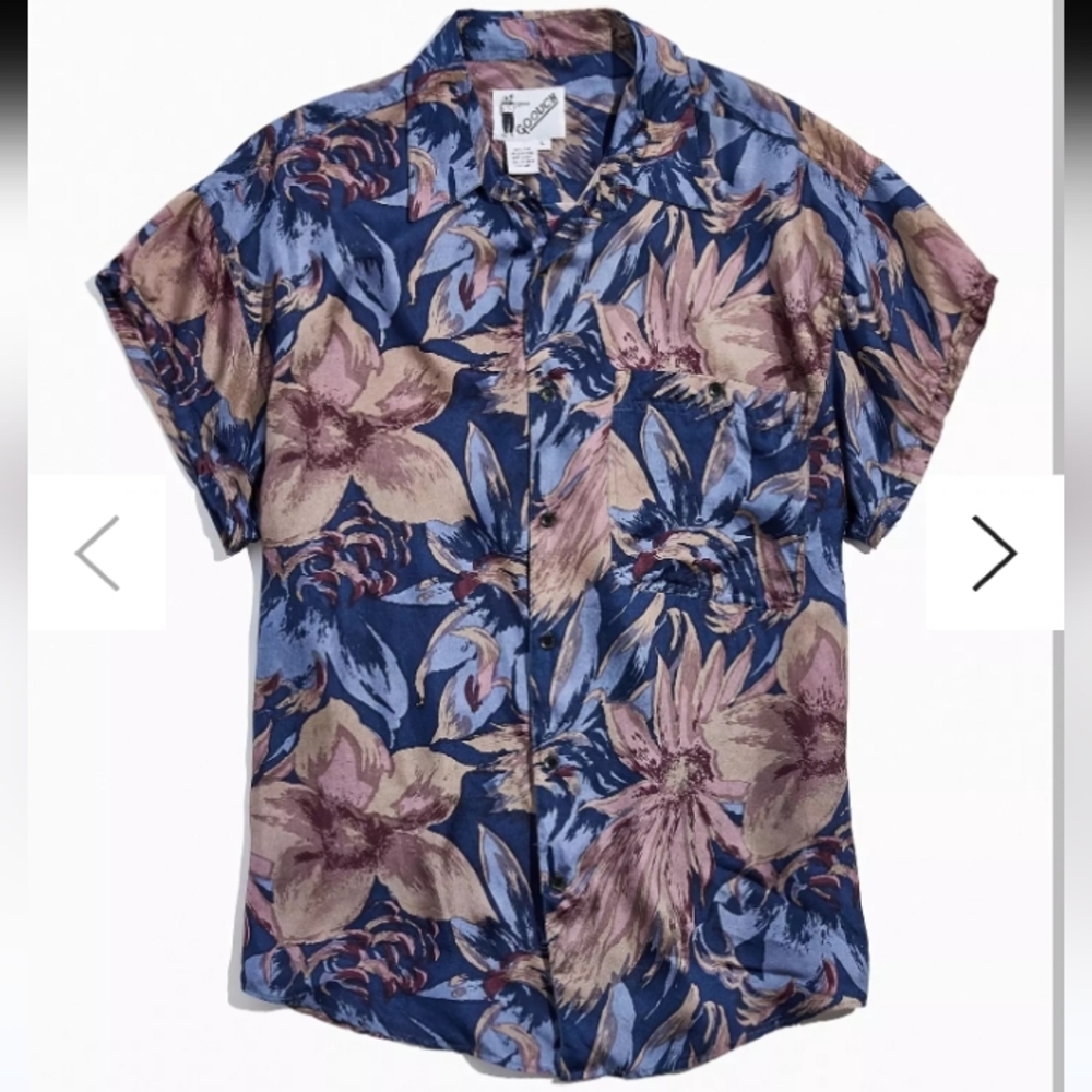 Goouch Leaf Print Silk Short Sleeve Button-Down Shirt Size XL